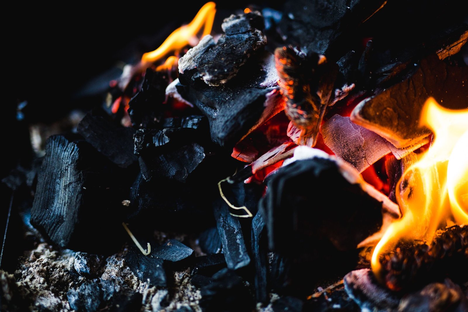 Lump charcoal and fire
